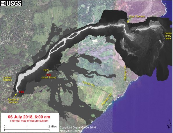 This thermal map shows the fissure system and lava flows as of 6 am on Friday, July 6. The fountain at Fissure 8 remains active, with the lava flow entering the ocean at Kapoho. Small flows were observed today near Fissure 22. The black and white area is the extent of the thermal map. Temperature in the thermal image is displayed as gray-scale values, with the brightest pixels indicating the hottest areas. The thermal map was constructed by stitching many overlapping oblique thermal images collected by a handheld thermal camera during a helicopter overflight of the flow field. The base is a copyrighted color satellite image (used with permission) provided by Digital Globe.
