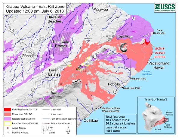 Map as of 12:00 p.m. HST, July 6, 2018. Given the dynamic nature of Kīlauea's lower East Rift Zone eruption, with changing vent locations, fissures starting and stopping, and varying rates of lava effusion, map details shown here are accurate as of the date/time noted. Shaded purple areas indicate lava flows erupted in 1840, 1955, 1960, and 2014-2015.