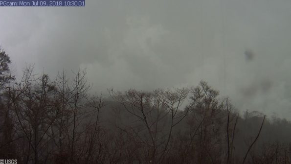This image is from a temporary research camera positioned near Kapoho looking southwest. From left to right, one can see the eruptive fissures, with Fissure 15 on the far left, and Fissure 8 near the center. Webcam image taken Monday, July 9, 2018 courtesy of U.S. Geological Survey