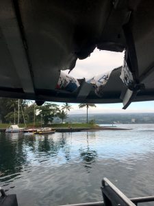 Tour boat damage from lava explosion off the Puna coast Monday, July 16, 2018. Photo courtesy of DLNR