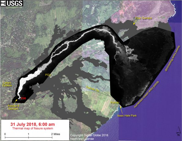 This thermal map shows the fissure system and lava flows as of 6 am on Tuesday, July 31. The fountain at Fissure 8 remains active, with the lava flow entering the ocean. The dominant ocean entry points were on the section of coastline near Ahalanui. The black and white area is the extent of the thermal map. Temperature in the thermal image is displayed as gray-scale values, with the brightest pixels indicating the hottest areas. The thermal map was constructed by stitching many overlapping oblique thermal images collected by a handheld thermal camera during a helicopter overflight of the flow field. The base is a copyrighted color satellite image (used with permission) provided by Digital Globe.