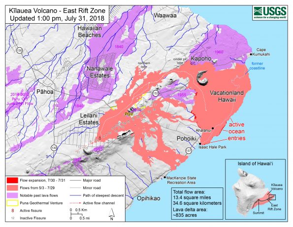 Map as of 1:00 p.m. HST, July 31, 2018. Given the dynamic nature of Kīlauea's lower East Rift Zone eruption, with changing vent locations, fissures starting and stopping, and varying rates of lava effusion, map details shown here are accurate as of the date/time noted. Shaded purple areas indicate lava flows erupted in 1840, 1955, 1960, and 2014-2015.