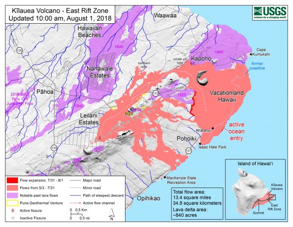 Map as of 10:00 a.m. HST, August 1, 2018. Given the dynamic nature of Kīlauea's lower East Rift Zone eruption, with changing vent locations, fissures starting and stopping, and varying rates of lava effusion, map details shown here are accurate as of the date/time noted. Shaded purple areas indicate lava flows erupted in 1840, 1955, 1960, and 2014-2015.
