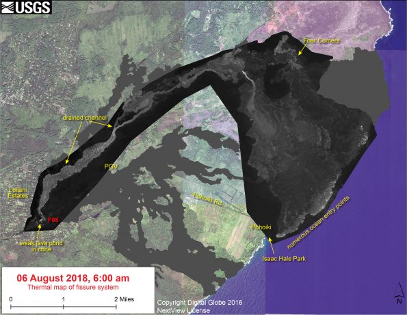 This thermal map shows the fissure system and lava flows as of 6 am on Monday, August 6. Fissure 8 activity has decreased substantially over the past few days, with only a weak lava pond active within the Fissure 8 cone. There were no signs on the surface of lava being supplied from the vent into the channel. Nevertheless, residual lava in the flow continues to enter the ocean, mainly around Ahalanui. The black and white area is the extent of the thermal map. The temperature in the thermal image is displayed as gray-scale values, with the brightest pixels indicating the hottest areas. The thermal map was constructed by stitching many overlapping oblique thermal images collected by a handheld thermal camera during a helicopter overflight of the flow field. The base is a copyrighted color satellite image (used with permission) provided by Digital Globe.