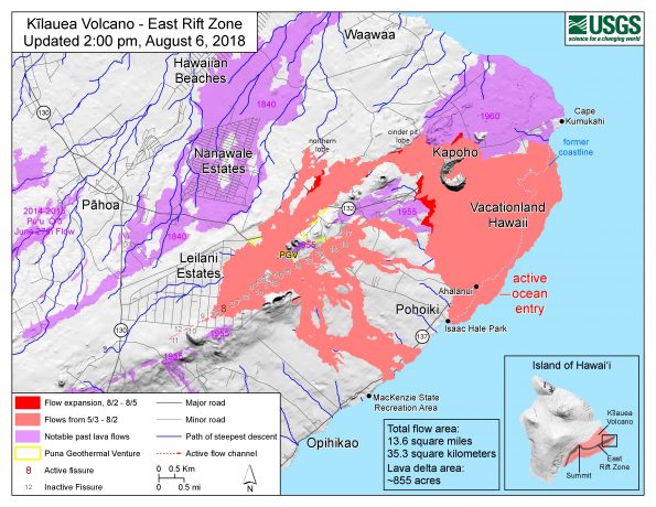 Map as of 2:00 p.m. HST, August 6, 2018. Given the dynamic nature of Kīlauea's lower East Rift Zone eruption, with changing vent locations, fissures starting and stopping, and varying rates of lava effusion, map details shown here are accurate as of the date/time noted. Shaded purple areas indicate lava flows erupted in 1840, 1955, 1960, and 2014-2015.