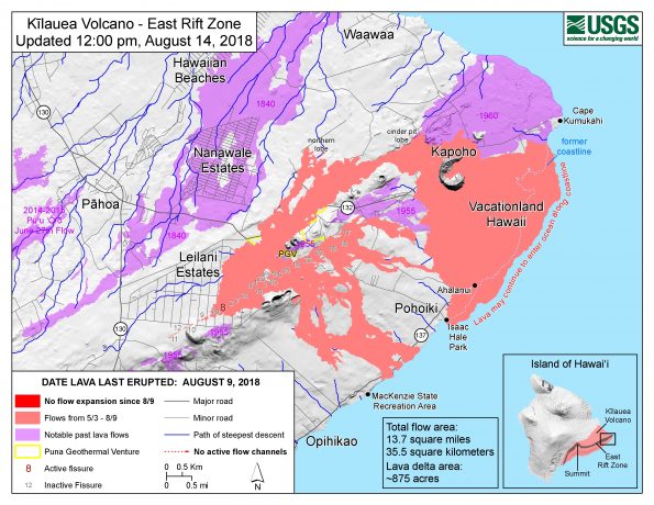 Map as of 12:00 p.m. HST, August 14, 2018. The lull in eruptive activity on Kīlauea's lower East Rift Zone continues. Lava flows have not expanded since August 9. The fissure 8 cone still hosts a small pond of lava, but no new lava has entered the existing channel in over a week. Lava may intermittently enter the ocean between the Kapoho Bay and Isaac Hale Beach Park areas until residual lava contained within the existing flow is depleted. Given the dynamic nature of Kīlauea's eruption, map details shown here are accurate as of the date/time noted. Shaded purple areas indicate lava flows erupted in 1840, 1955, 1960, and 2014-2015. A NEW MAP WILL NOT BE ISSUED until the current conditions change.