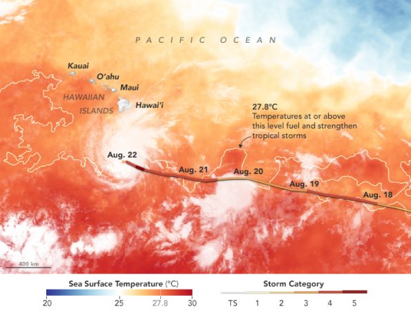 Hurricane Lane on Tuesday, August 22, 2018 with Sea Surface Temperatures. Image courtesy of NASA Earth Observatory