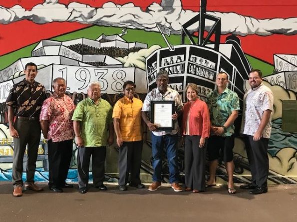 Unveiling of the mural: Harbors District Manager for Hawaii Island, Jeff Hood; Dustin Dawson, International Field Representative – Hawaii ILWU; Senator Lorraine Inouye; Deputy Director for Harbors, Darrell Young. “Legacy of solidarity” by Solomon Enos and Kai Kaulukukui