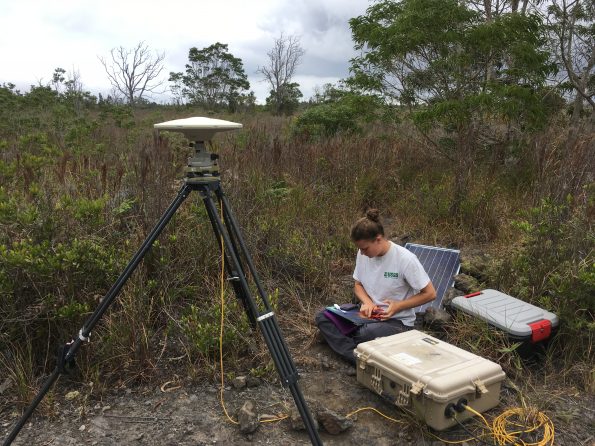 A USGS Hawaiian Volcano Observatory geophysicist downloads data at a temporary GPS station provided by UNAVCO, one of the scientific agencies that provided support during Kīlauea Volcano’s recent activity. This GPS station was deployed to detect subtle surface deformation at the summit of the volcano. USGS photo by A. Miklius.