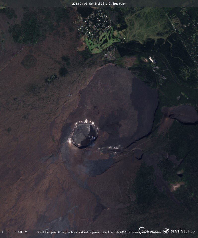 Kilauea summit, January 3, 2018. Image courtesy of EU, modified Copernicus Sentinel data. Kilauea summit, January 3, 2018. Image courtesy of EU, modified Copernicus Sentinel data.