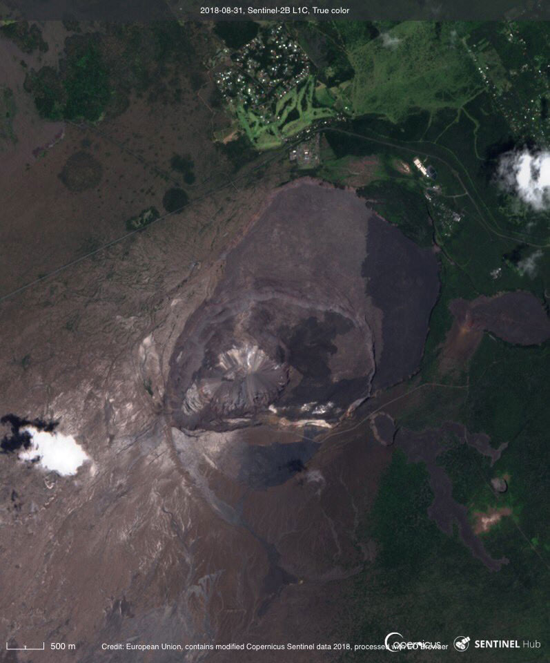 Kilauea summit, August 31, 2018. Image courtesy of EU, modified Copernicus Sentinel data. Kilauea summit, August 31, 2018. Image courtesy of EU, modified Copernicus Sentinel data.