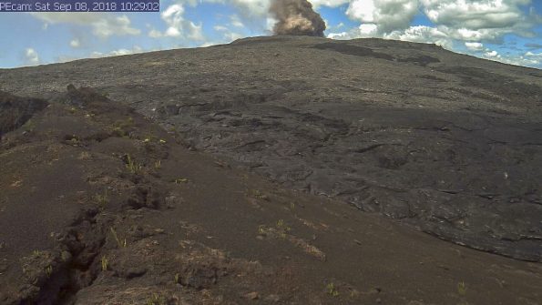 On September 8, a series of small collapses occurred within the Pu‘u ‘Ō‘ō crater throughout the day, with each producing a visible brown plume. The largest, shown in this webcam image, occurred at about 10:30 a.m. HST. The collapses generated small tilt offsets and seismic energy recorded by nearby geophysical instruments, but had no discernible effect on other parts of the rift zone. Photo taken Saturday, September 8, 2018 courtesy of U.S. Geological Survey