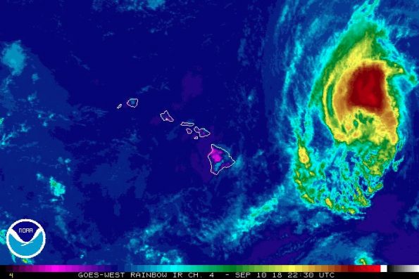 GOES-West Infrared enhanced rainbow image of Hurricane Olivia moving west towards Hawaii Monday, September 10, 2018. Image via NOAA