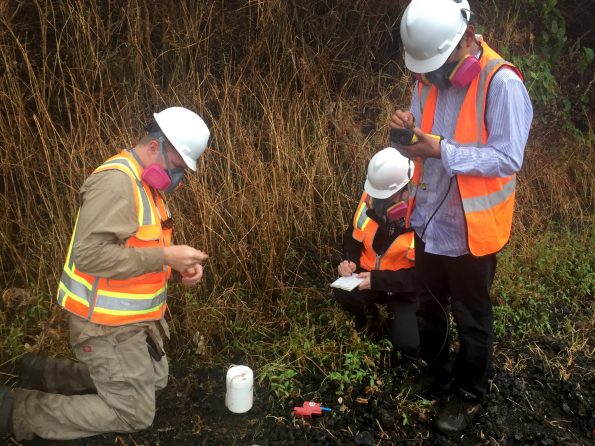 University of Utah seismologists install a nodal geophone on Kīlauea’s lower East Rift Zone in June 2018. This instrument was part of a network of 82 seismometers deployed temporarily this summer to help scientists study the magma transport system beneath the volcano’s eruption sites. USGS photo by B. Shiro.
