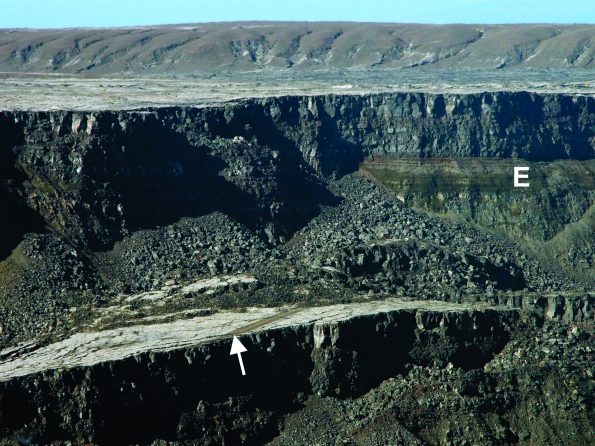 South side of Halemaʻumaʻu at the summit of Kīlauea Volcano, showing a short section of Hawaiʻi Volcanoes National Park’s Crater Rim Drive (arrow) preserved on a block of the former caldera floor that has dropped down about 80 m (260 ft). Thinly bedded Kīlauea explosion deposits (E) from 16th-18th centuries are overlain by 19th and 20th century lava flows in the wall of Halemaʻumaʻu. USGS photo by D. Swanson.