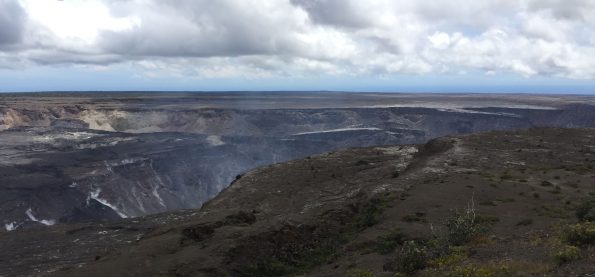 September 19, 2018 USGS photo looking southward of the south caldera of Kīlauea Volcano showing the main collapse area. The south Sulphur Bank is in the left side of the photo. Uēkahuna Bluff, from where this photo was taken, cuts across the bottom and lower right corner of the photo. After the collapse of 1868, the caldera floor may have looked something like this.