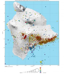 The USGS Hawaiian Volcano Observatory continues to closely monitor volcanoes and earthquakes on the Island of Hawaiʻi. On this map, which shows earthquakes that occurred beneath the island between August 6, 2018, and November 14, 2018, the size of each circle depicts earthquake magnitude and color indicates earthquake depth, relative to mean sea level. USGS map.
