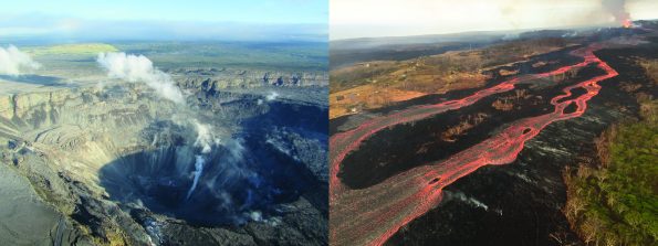 Kīlauea Volcano’s 2018 summit collapse, shown here on July 28 (left), and the lower East Rift Zone fissure 8 lava flow, shown here on July 2 (right), will be the focus of “Volcano Awareness Month” talks offered in January 2019. For details, please visit the “HVO News” corner on the USGS Hawaiian Volcano Observatory website homepage (https://volcanoes.usgs.gov/vsc/file_mngr/file-200/Talks_2019%20VAM.pdf). USGS photos.