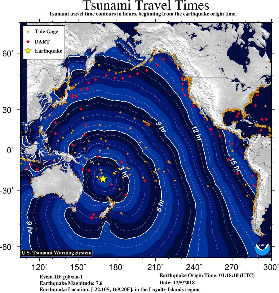 Potential travel time for a tsunami had one been generated on Tuesday
