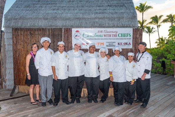 Seven Hawaii Community College-Palamanui students received scholarships at Saturday’s Christmas with the Chefs. Pictured left to right: ACF Kona Kohala Chefs Association Scholarship Chairperson Patti Kimball, “George" Vichadach Chotikawan, Thomas Elarco, Lily Frazier, Daine Lagpacan, Alice Petriyenko, Deanna Marks, Alma Gorali and Palamani Culinary Program Coordinator Paul Heerlein. Photo by Kirk Shorte.